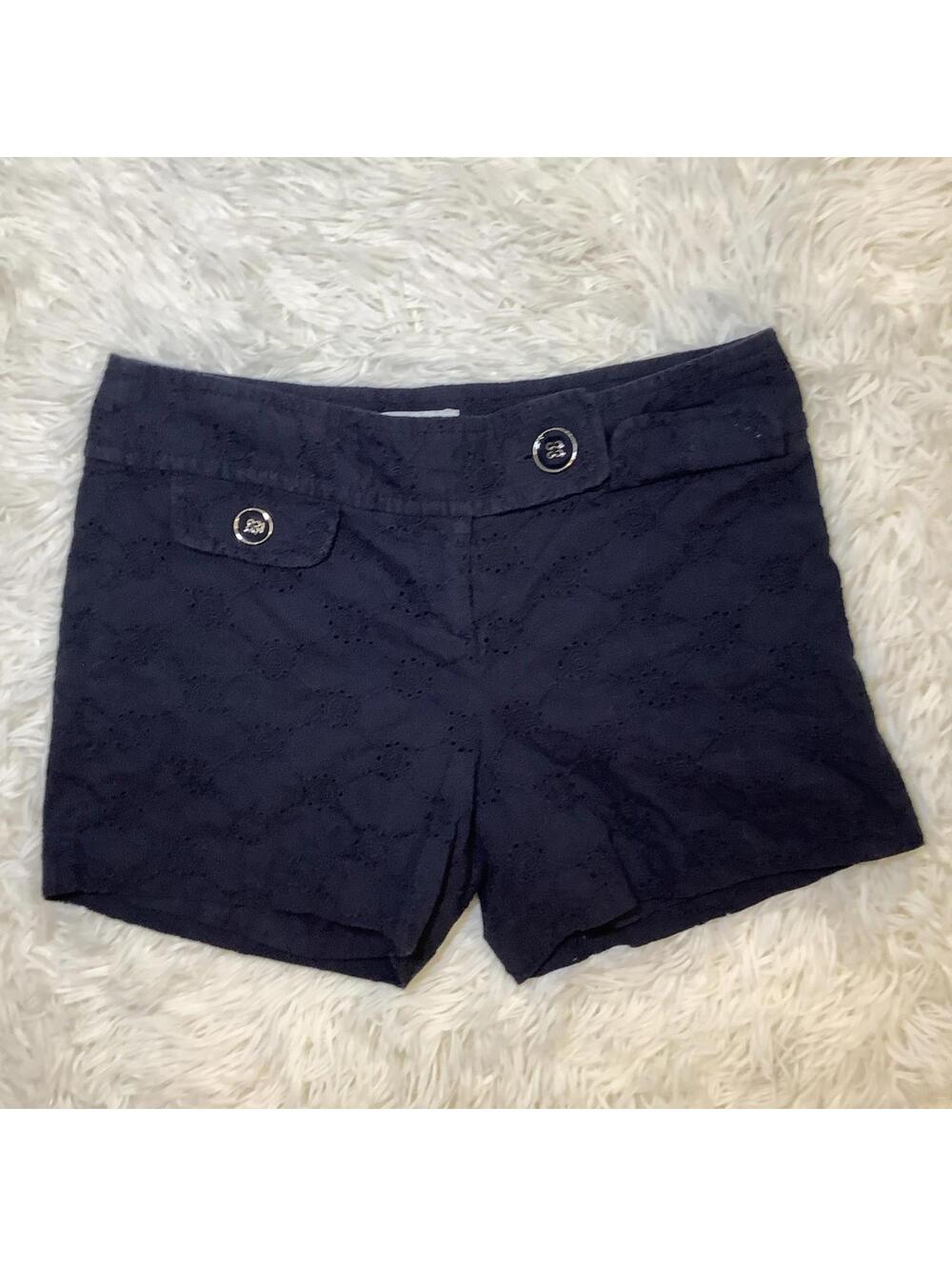 Ann Taylor Loft Shorts Women's 2 Navy Blue Eyelet Embroidered Cotton Pull On